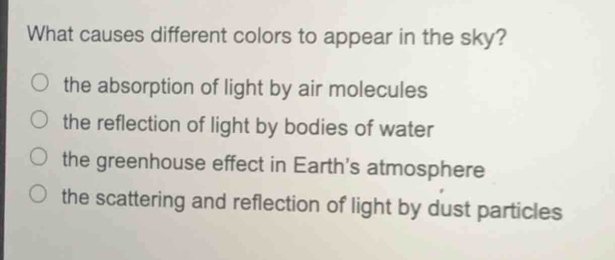 what causes different colors to appear in the sky? the absorption of li…