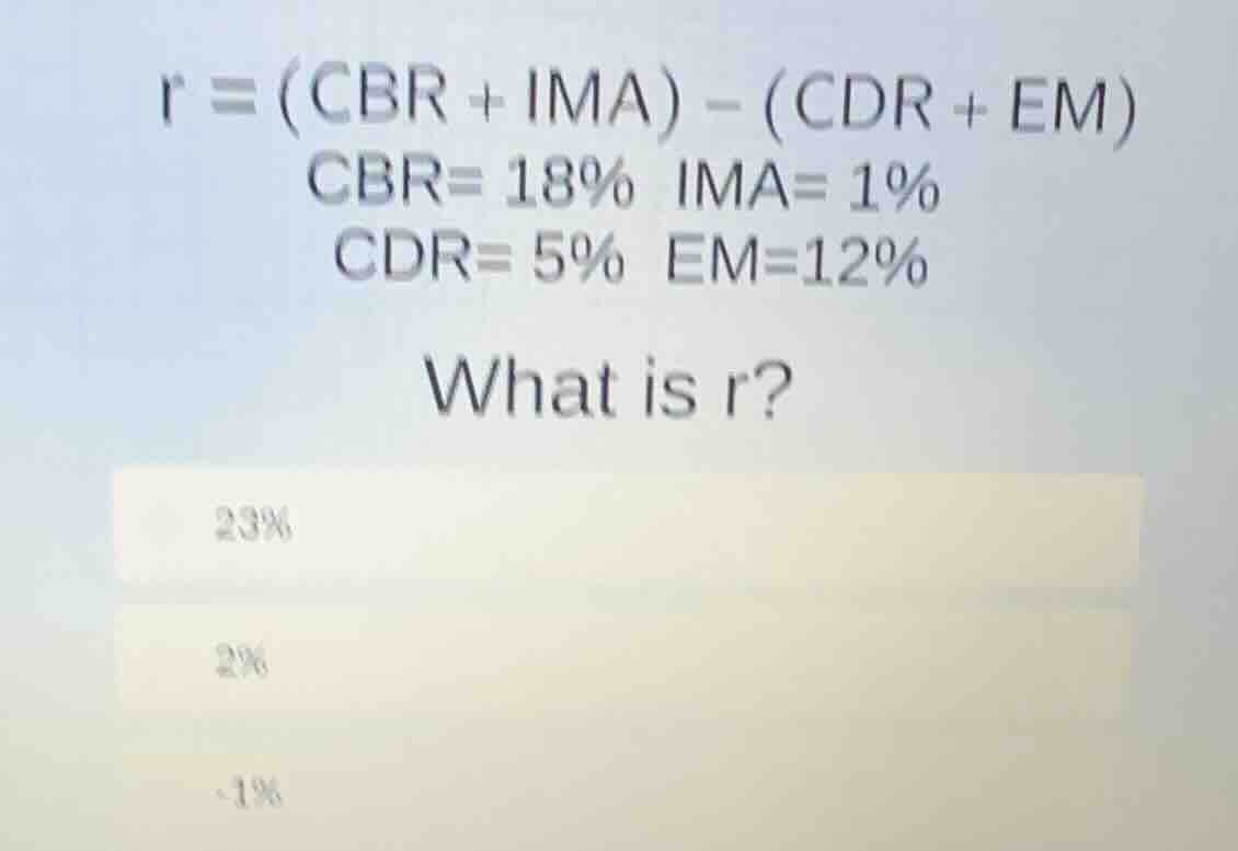 r = (cbr + ima) - (cdr + em) cbr= 18% ima= 1% cdr= 5% em=12% what is r?…