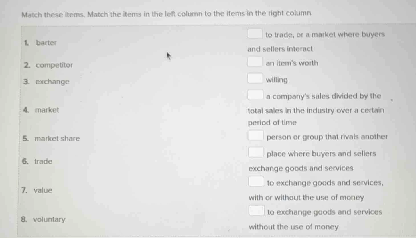 match these items. match the items in the left column to the items in t…