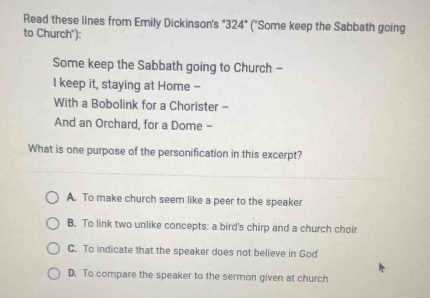 read these lines from emily dickinsons \324\ (\some keep the sabbath go…