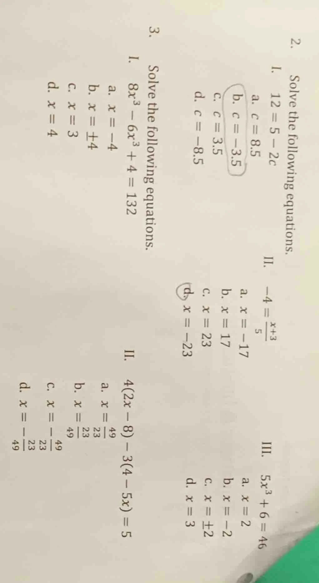 2. solve the following equations. i. $12 = 5 - 2c$ a. $c = 8.5$ b. $c =…