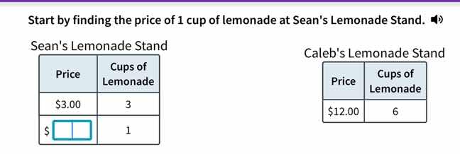 start by finding the price of 1 cup of lemonade at seans lemonade stand…