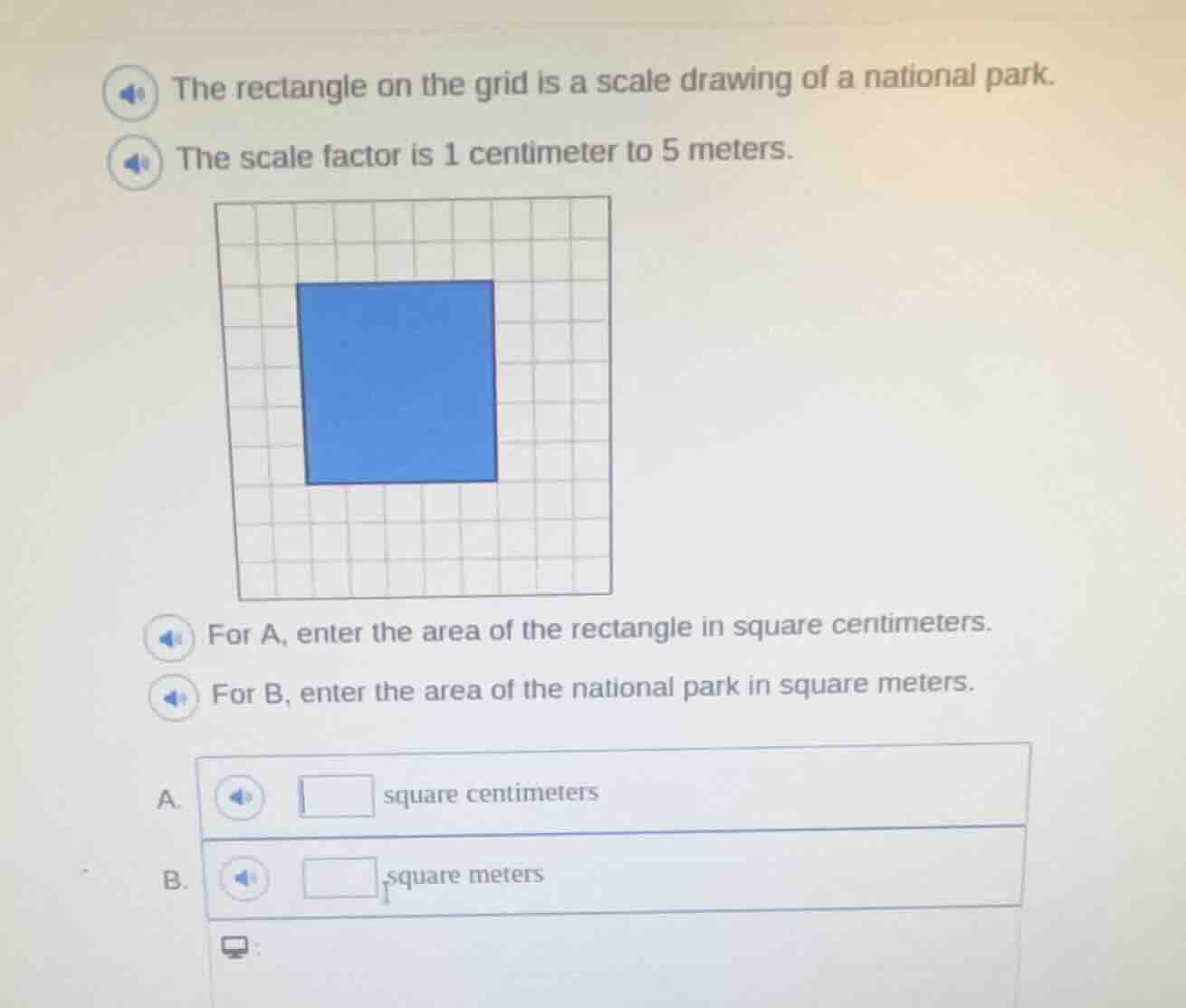 the rectangle on the grid is a scale drawing of a national park. the sc…