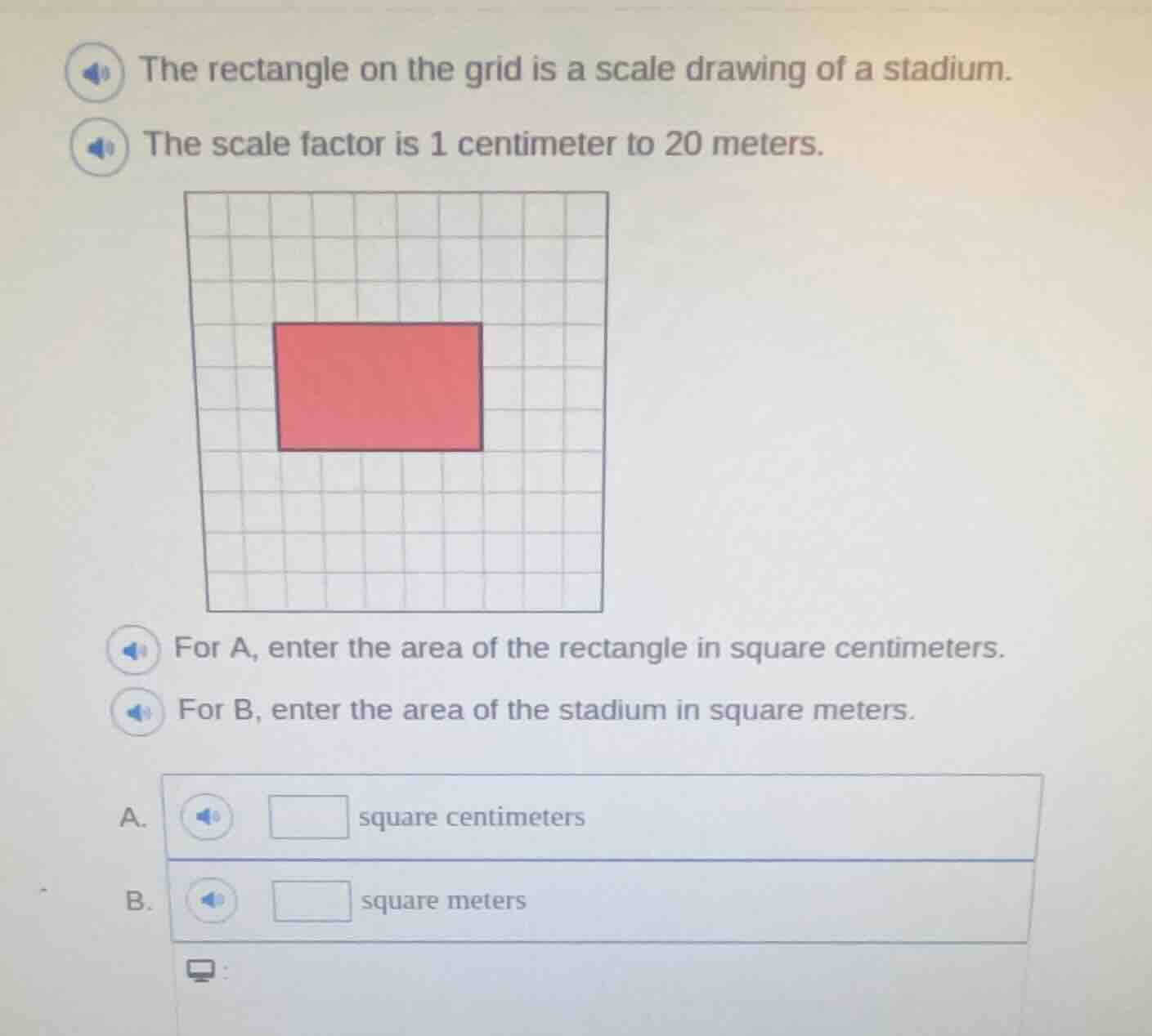 the rectangle on the grid is a scale drawing of a stadium. the scale fa…