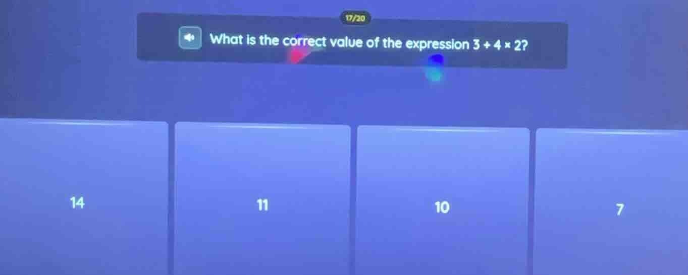 what is the correct value of the expression $3 + 4 \\times 2$? options:…