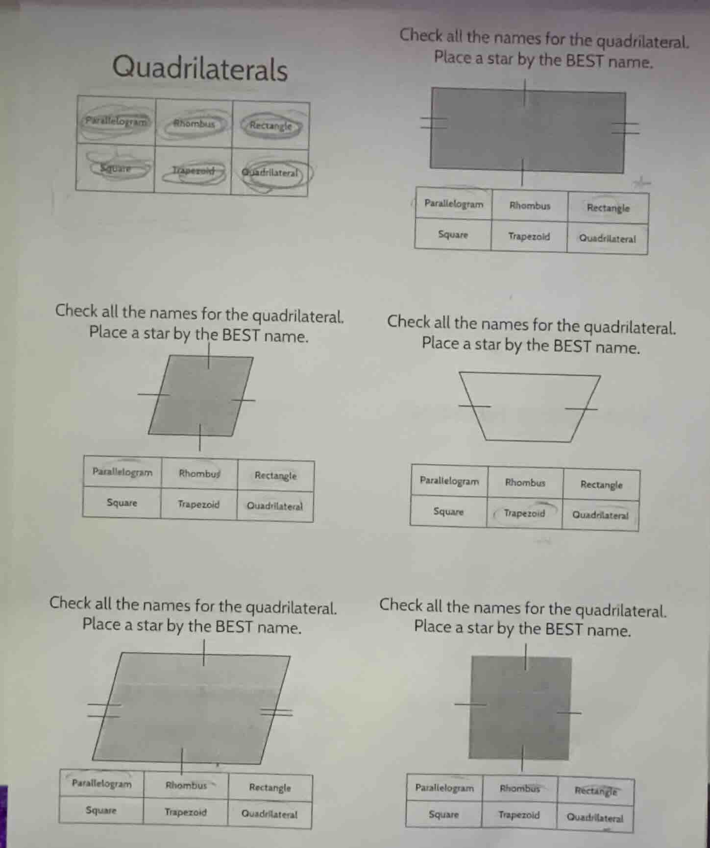 quadrilaterals check all the names for the quadrilateral. place a star …