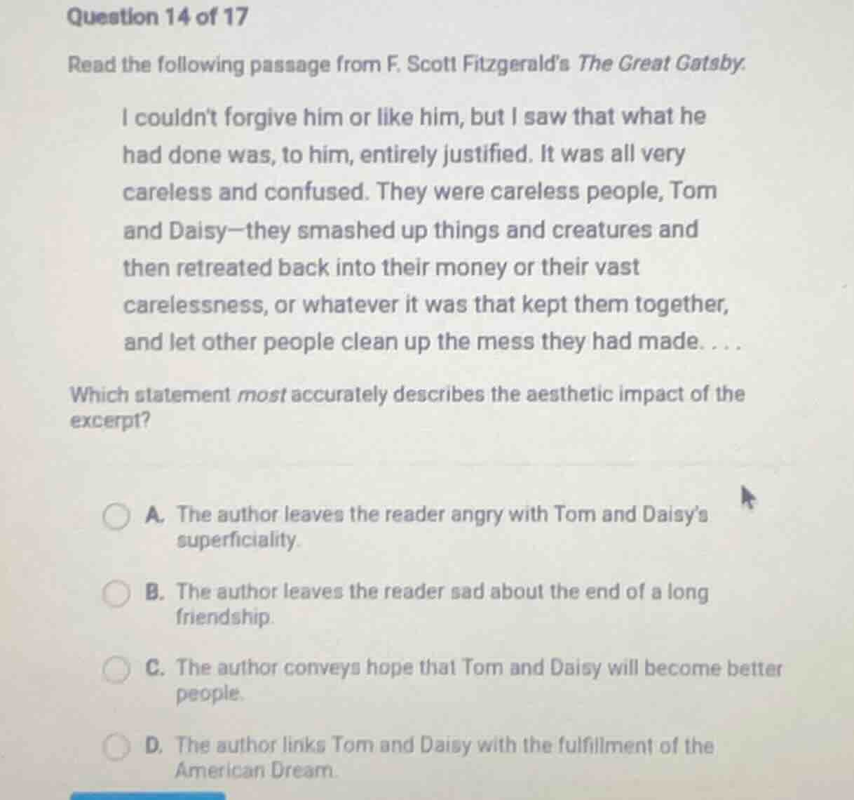 question 14 of 17 read the following passage from f. scott fitzgerald’s…