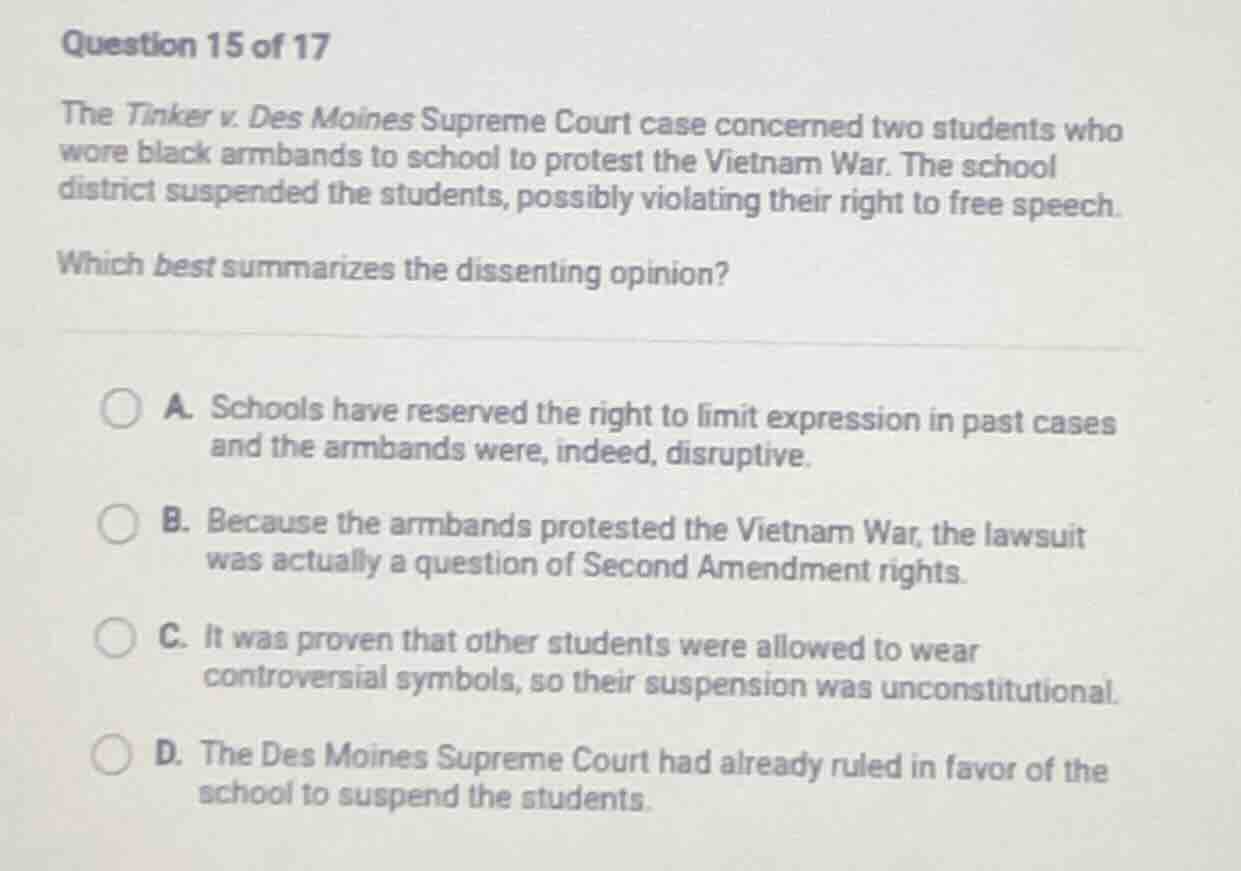 question 15 of 17 the tinker v. des moines supreme court case concerned…