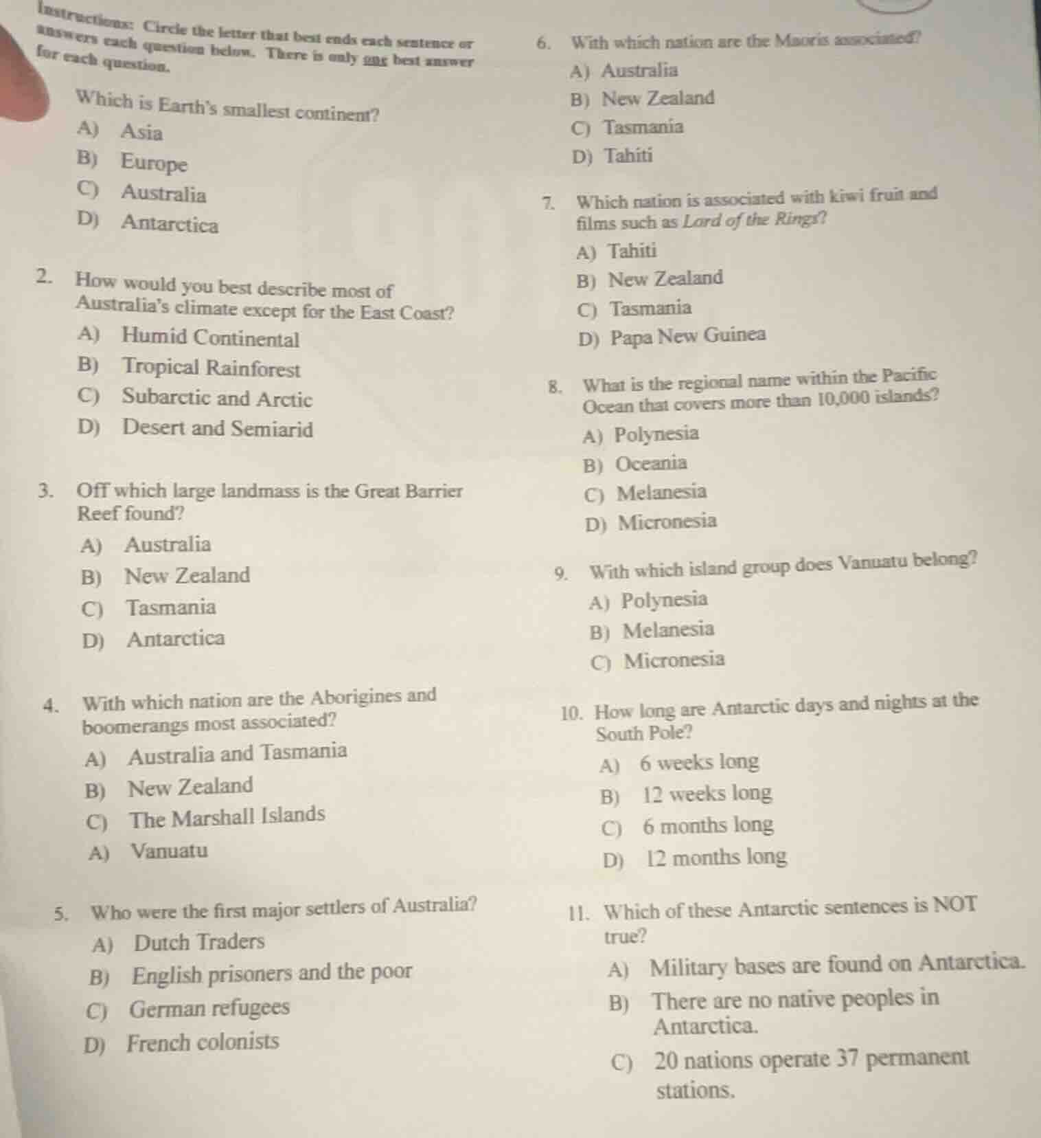 instructions: circle the letter that best ends each sentence or answers…
