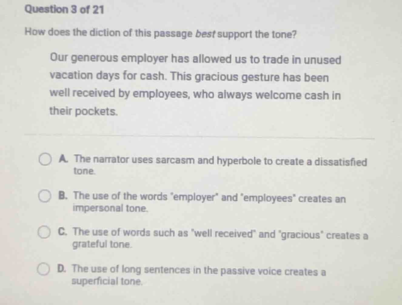 question 3 of 21 how does the diction of this passage best support the …