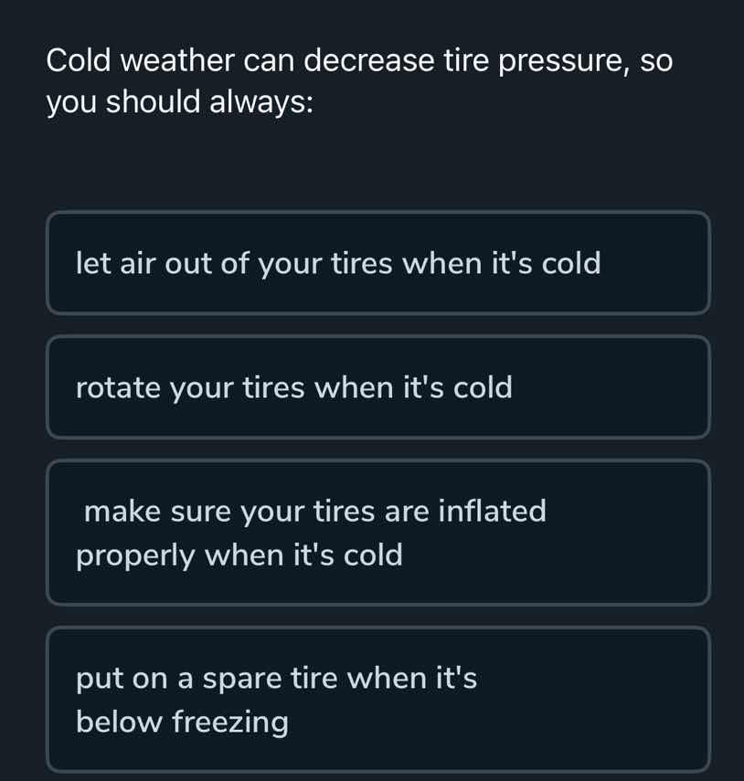 cold weather can decrease tire pressure, so you should always: let air …
