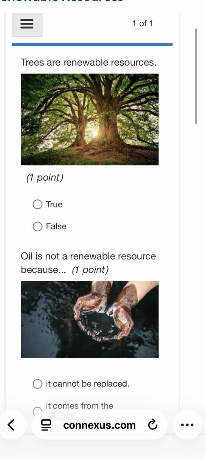 trees are renewable resources. (1 point) true false oil is not a renewa…
