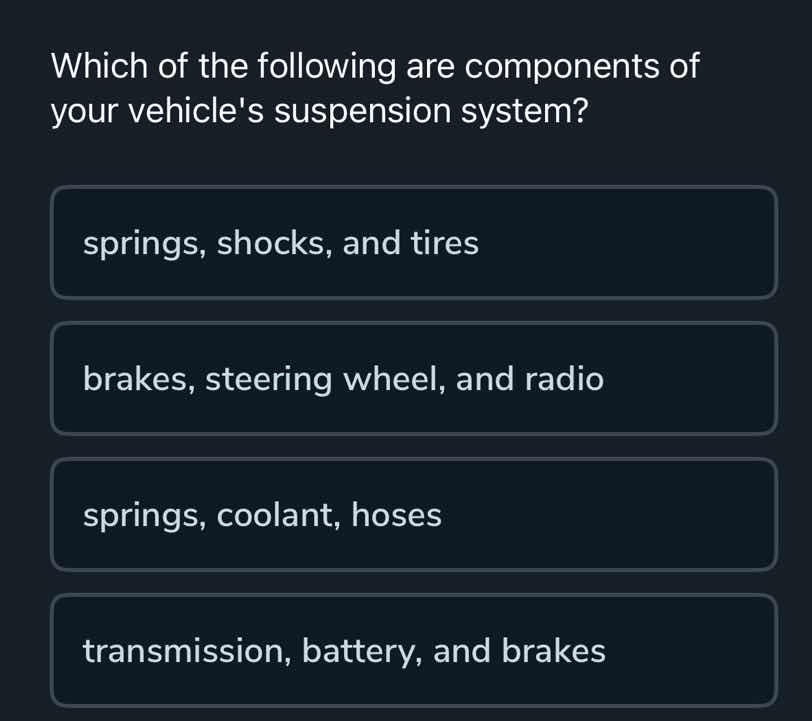 which of the following are components of your vehicles suspension syste…