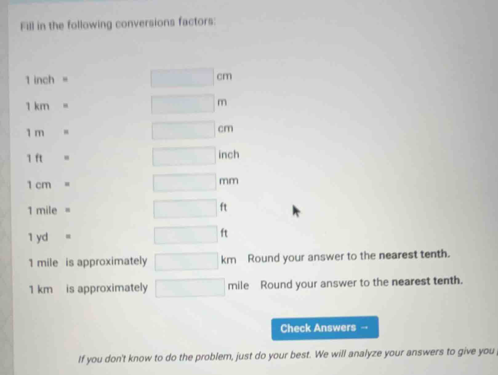 fill in the following conversions factors: 1 inch = cm 1 km = m 1 m = c…