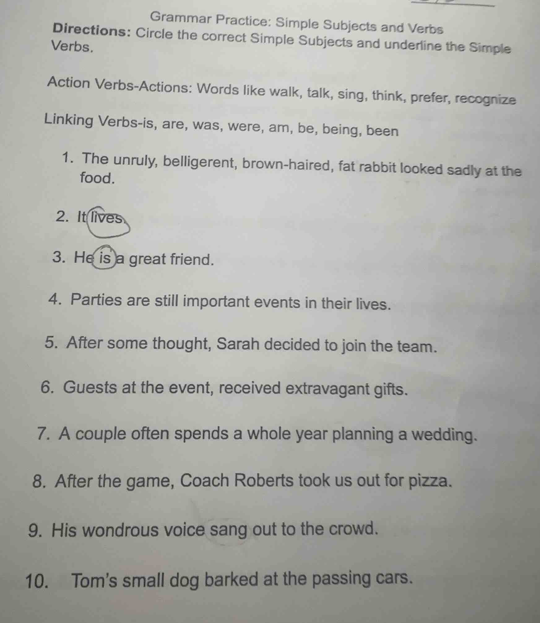 grammar practice: simple subjects and verbs directions: circle the corr…