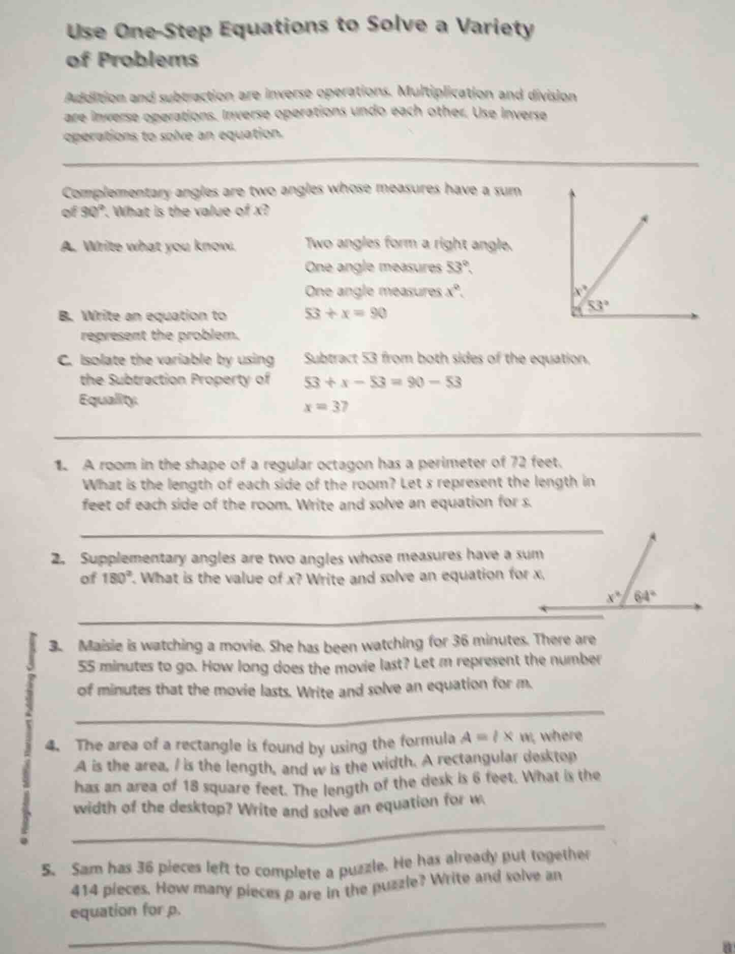 use one-step equations to solve a variety of problems addition and subt…