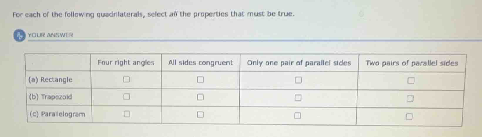 for each of the following quadrilaterals, select all the properties tha…