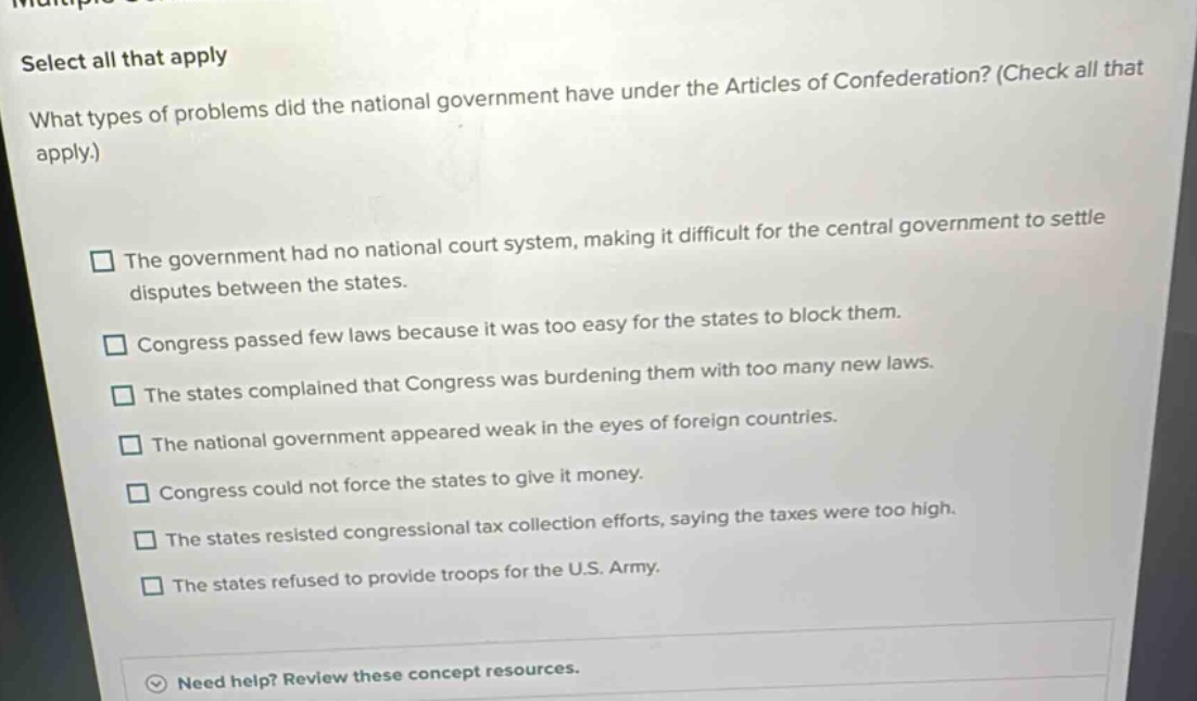 select all that apply what types of problems did the national governmen…