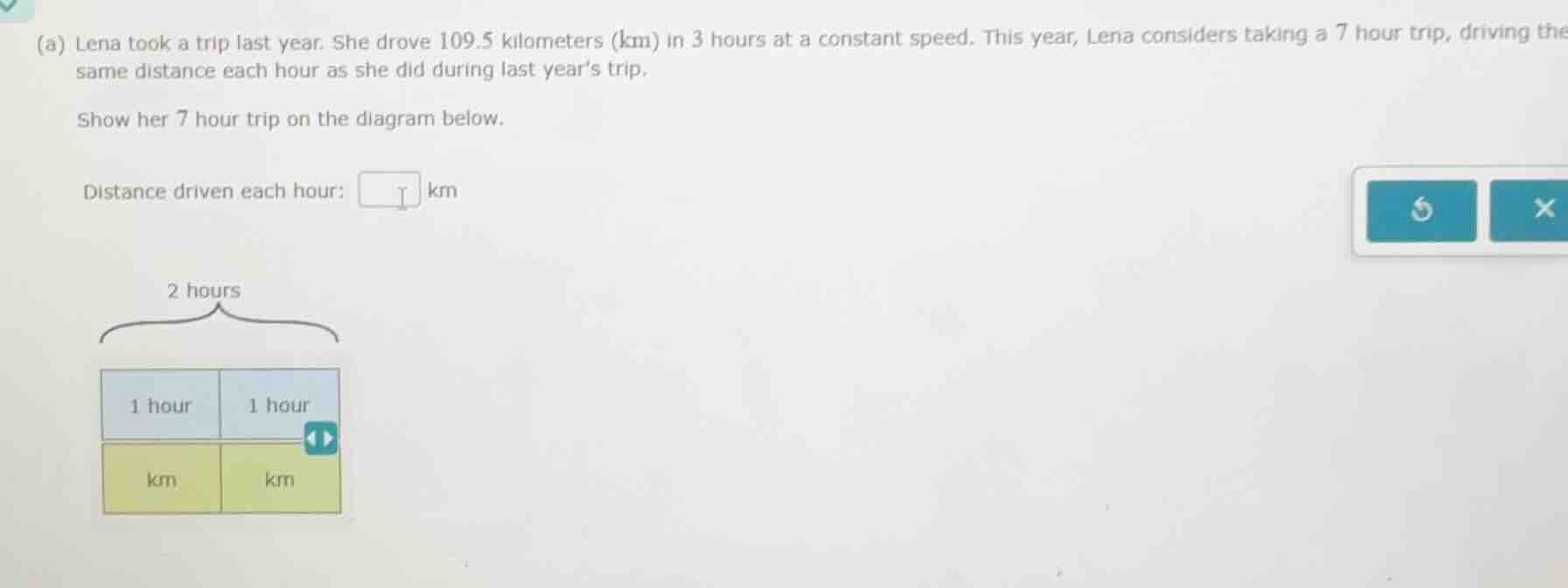 (a) lena took a trip last year. she drove 109.5 kilometers (km) in 3 ho…