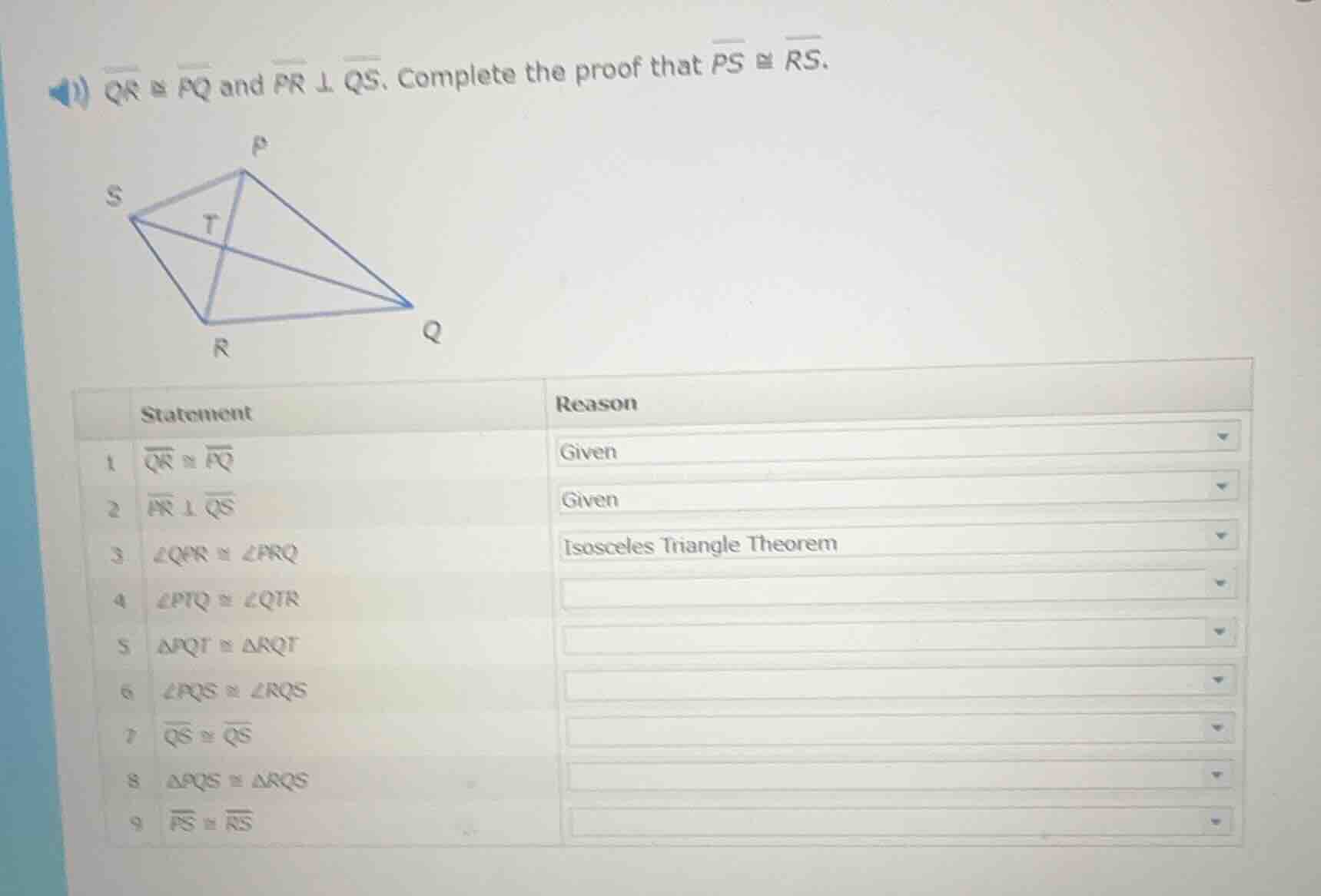 qr ≅ pq and pr ⊥ qs. complete the proof that ps ≅ rs. statement\treason…