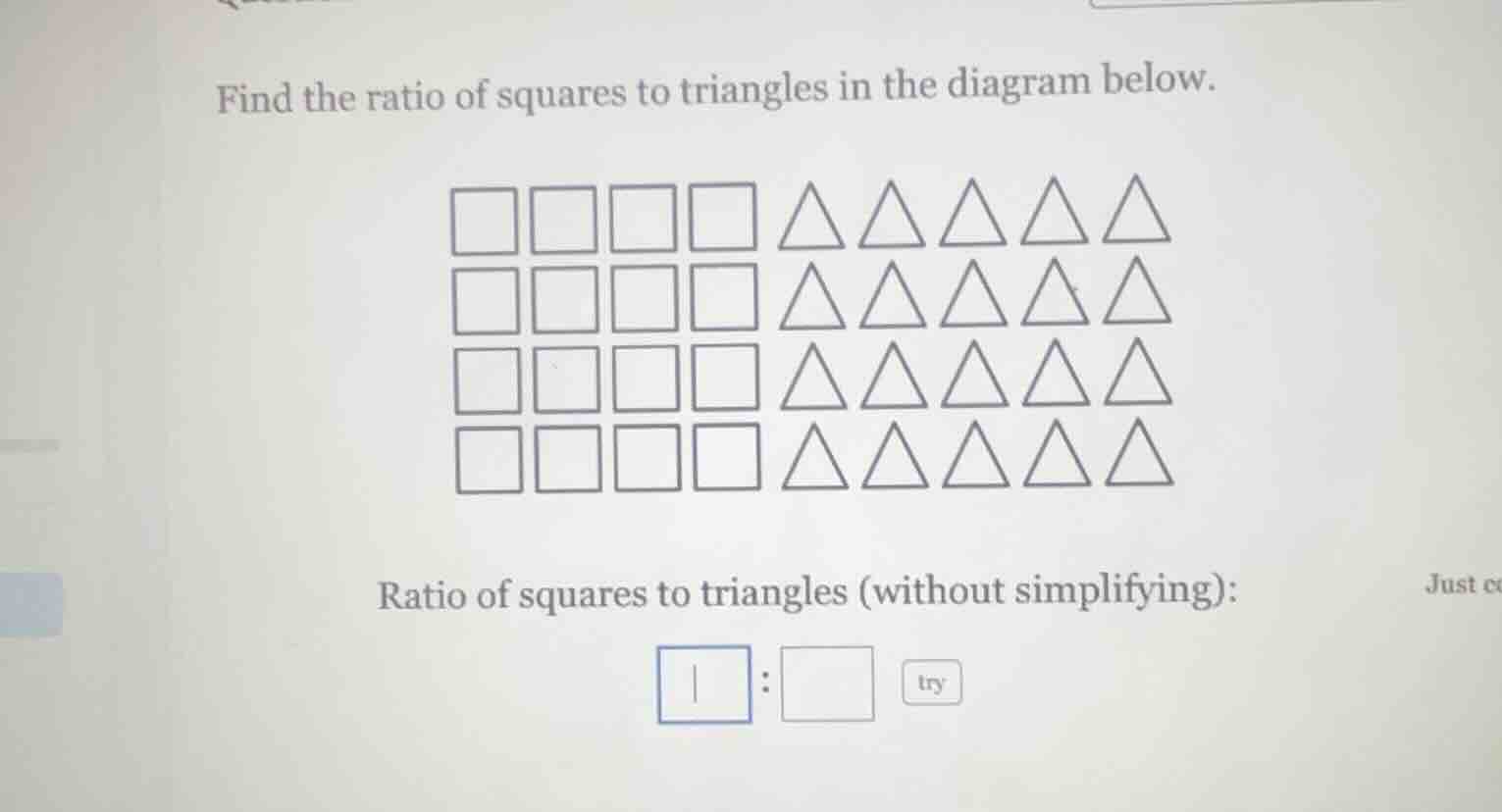 find the ratio of squares to triangles in the diagram below. ratio of s…
