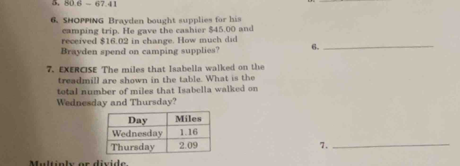 5. 80.6 - 67.41 6. shopping brayden bought supplies for his camping tri…