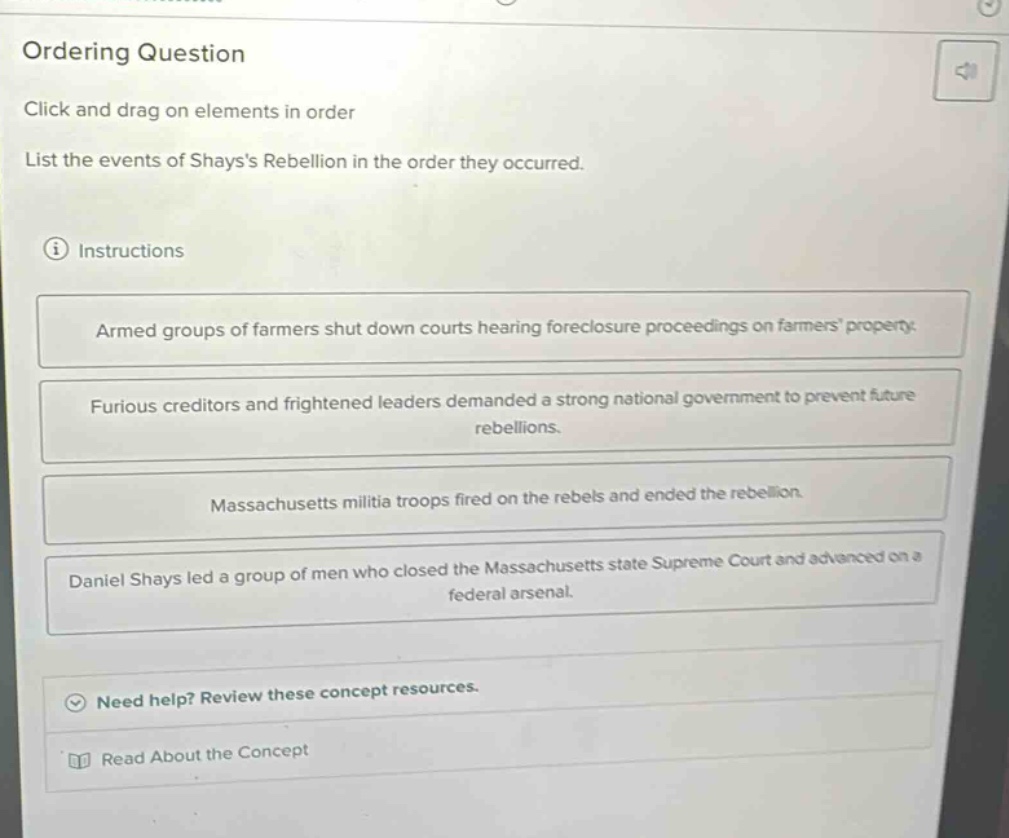ordering question click and drag on elements in order list the events o…