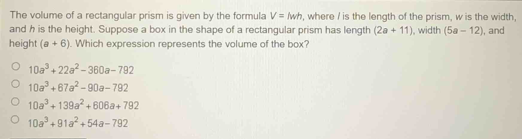 the volume of a rectangular prism is given by the formula $v = lwh$, wh…
