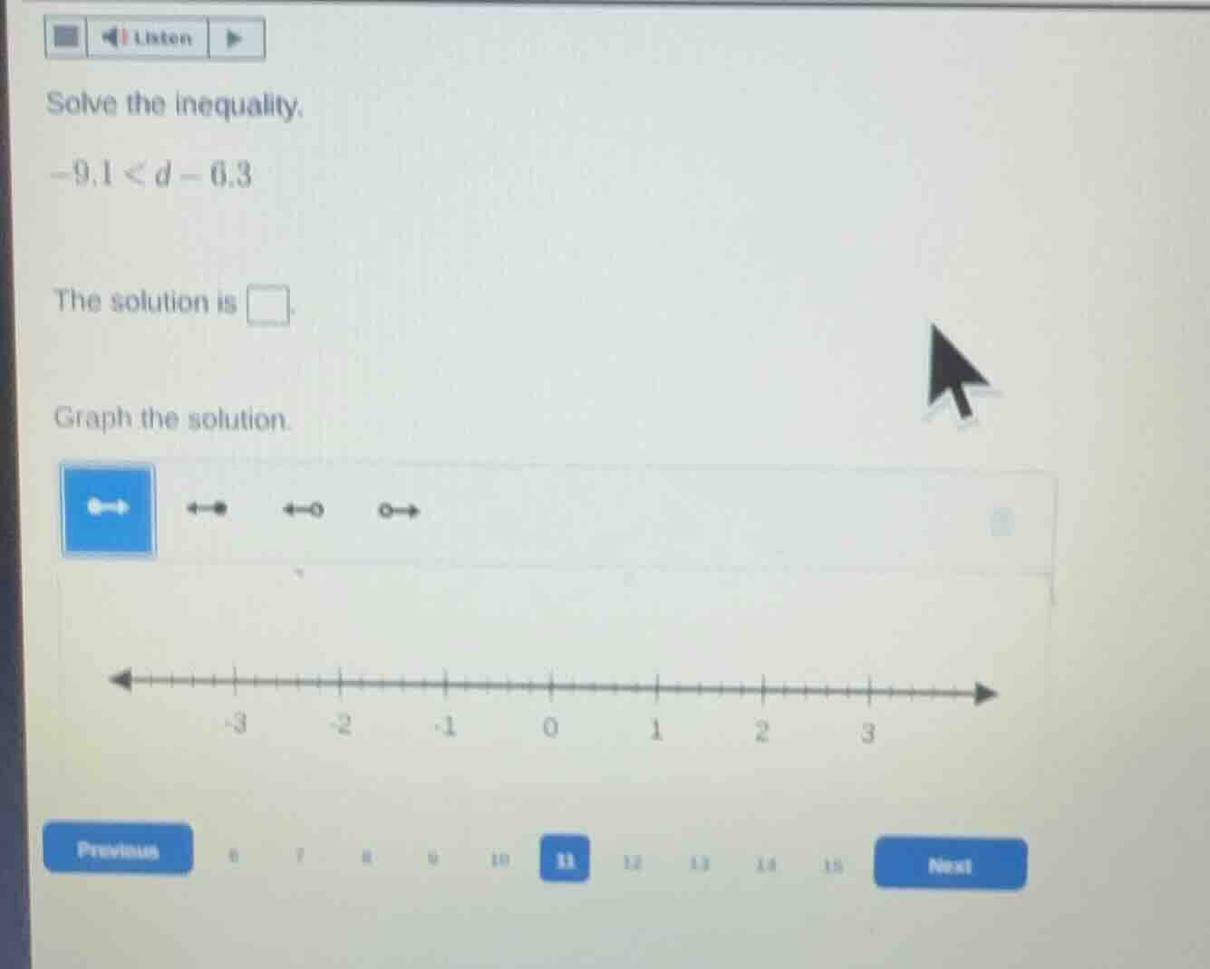 solve the inequality. -9.1 < d - 6.3 the solution is graph the solution.