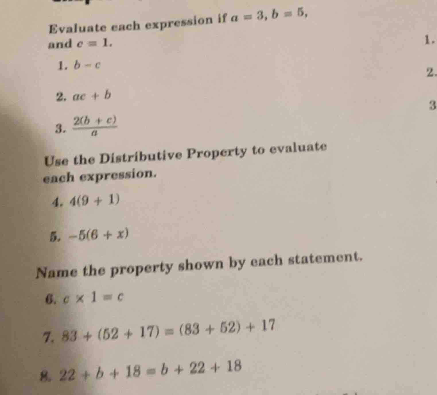 evaluate each expression if ( a = 3, b = 5, ) and ( c = 1. ) 1. ( b - c…