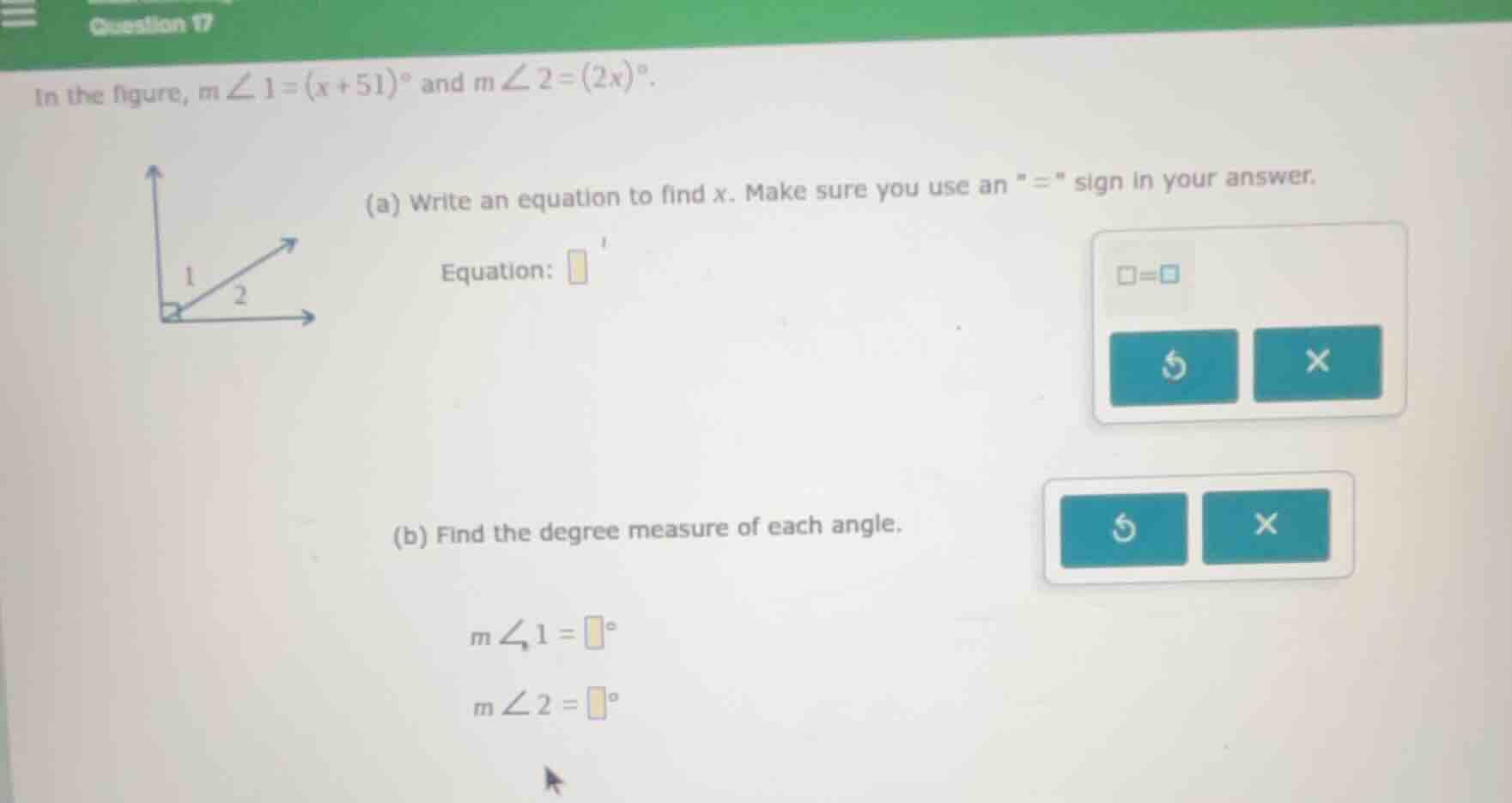 question 17 in the figure, ( mangle 1=(x + 51)^circ ) and ( mangle 2=(2…