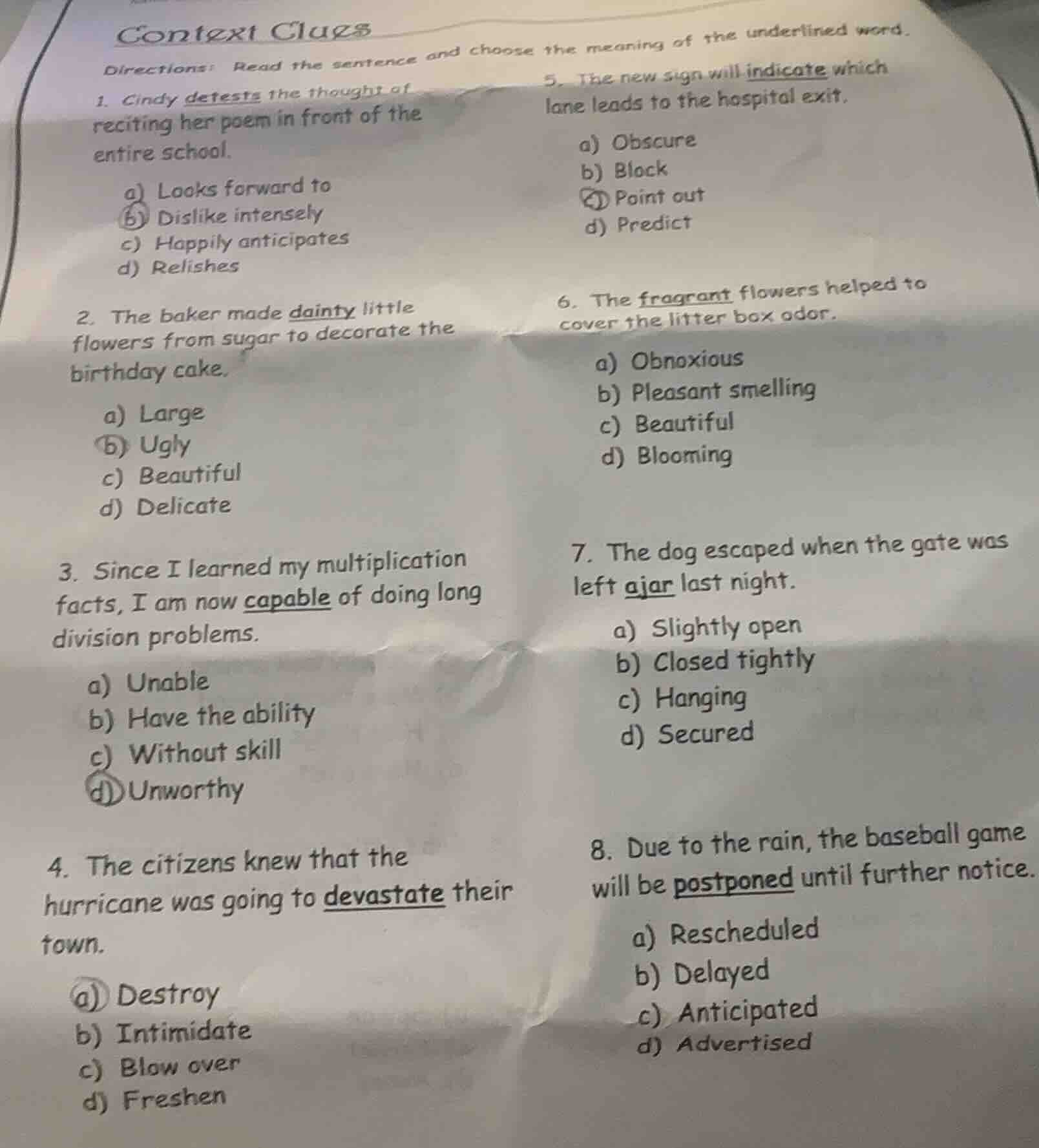 context clues directions: read the sentence and choose the meaning of t…