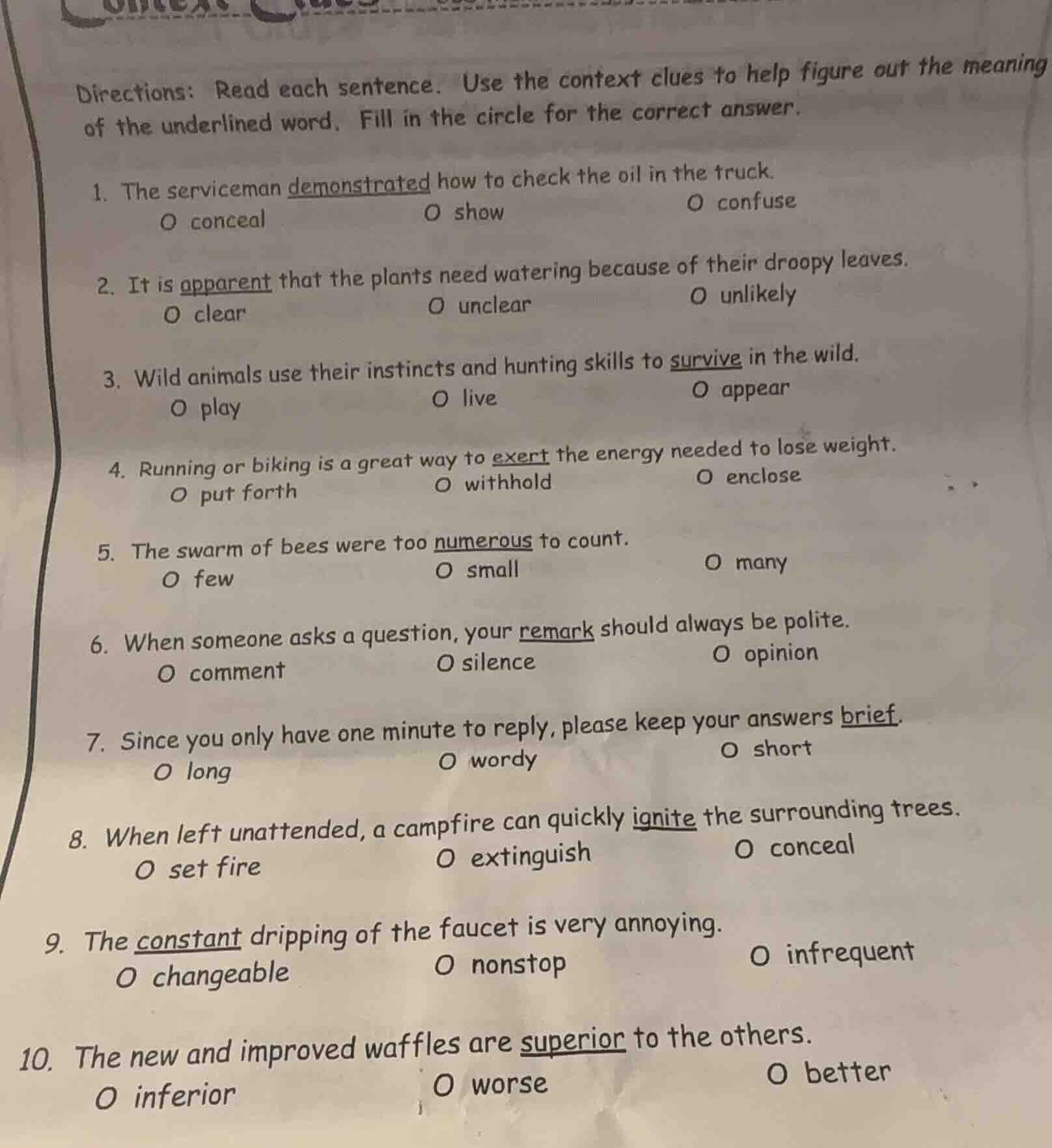 directions: read each sentence. use the context clues to help figure ou…