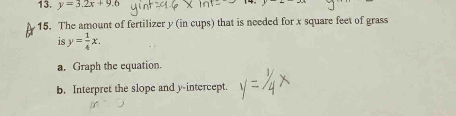 13. $y = 3.2x + 9.6$ 15. the amount of fertilizer $y$ (in cups) that is…