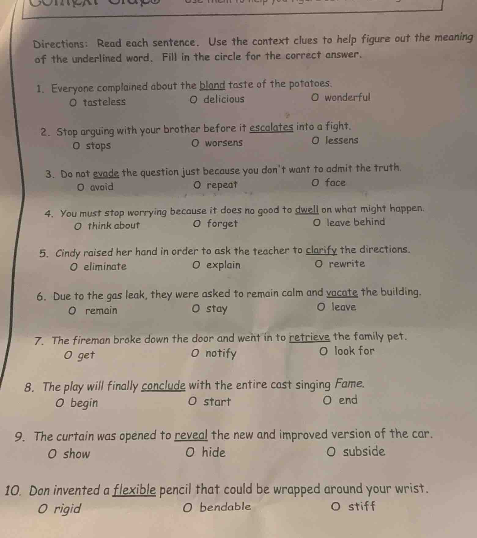 directions: read each sentence. use the context clues to help figure ou…