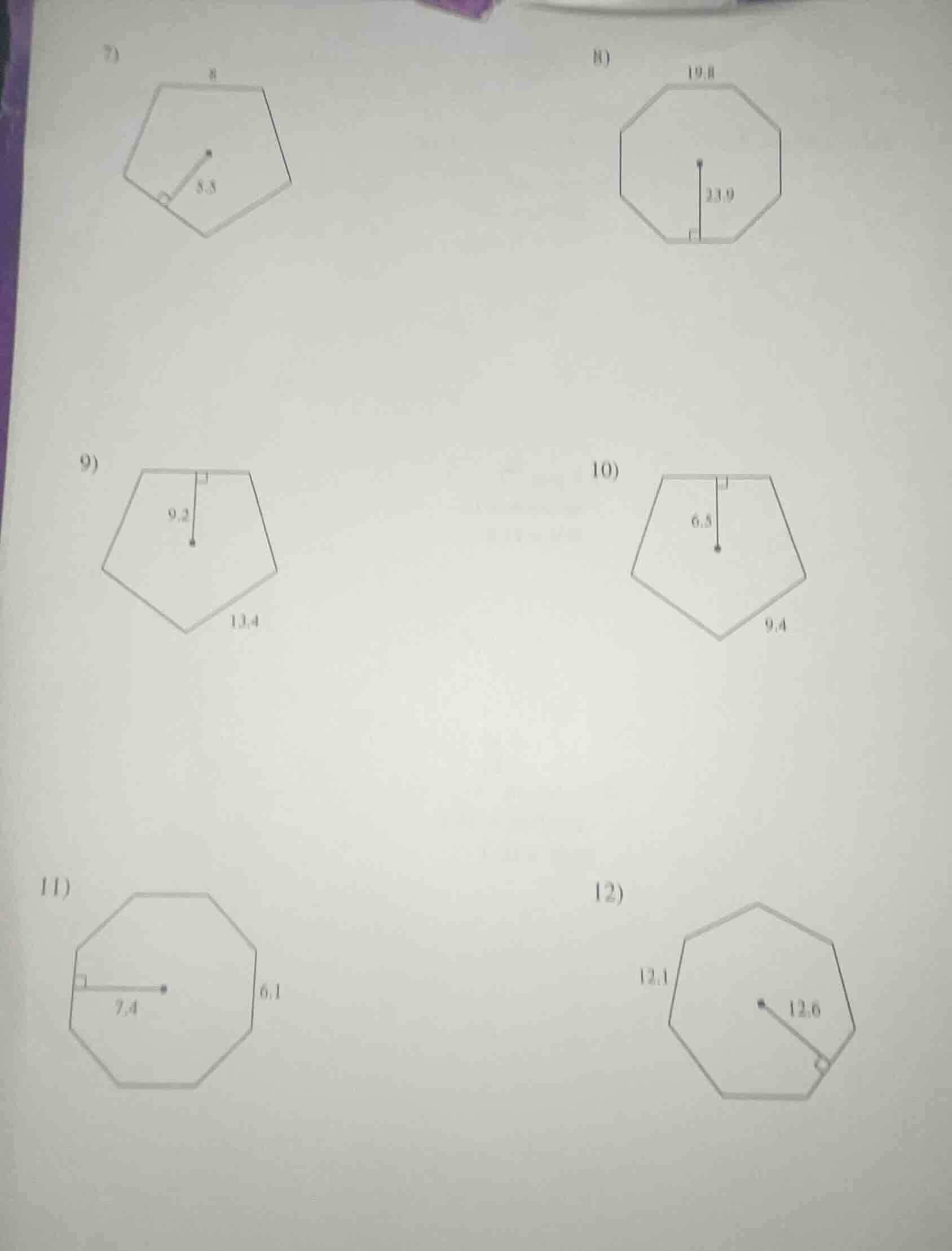 7) 8 8.8 8) 19.8 23.9 9) 9.2 13.4 10) 6.5 9.4 11) 7.4 6.1 12) 13.1 12.6