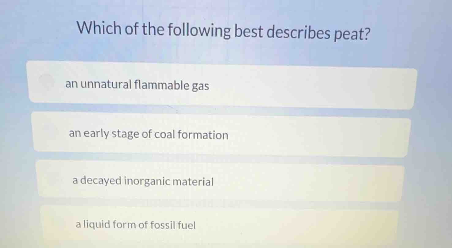 which of the following best describes peat? an unnatural flammable gas …