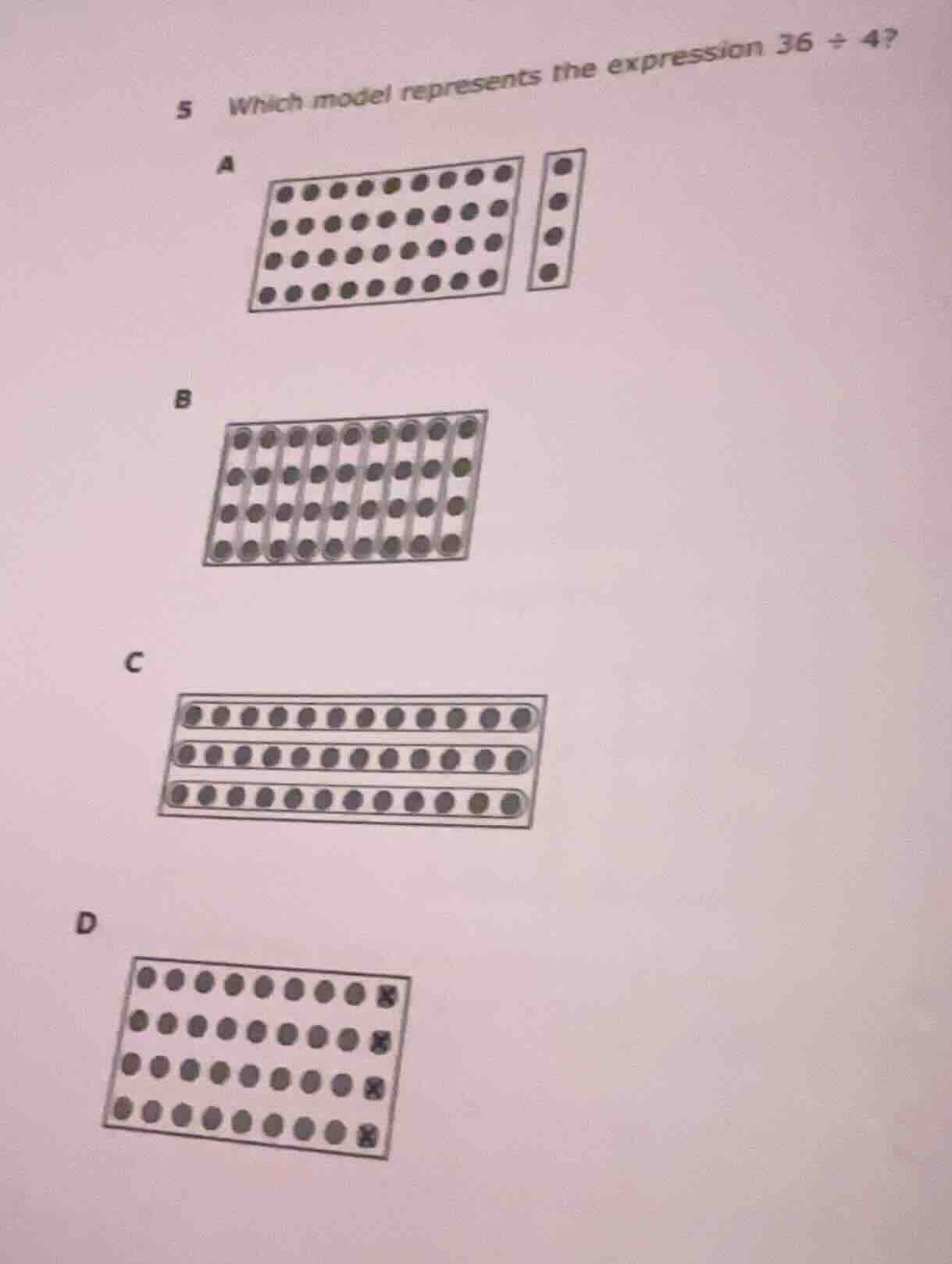 5 which model represents the expression $36 \\div 4$? a image of model …