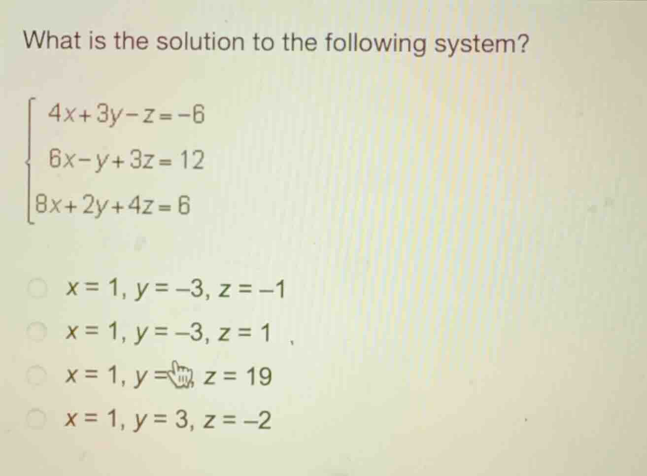 what is the solution to the following system?\\\\begin{cases}4x + 3y - …