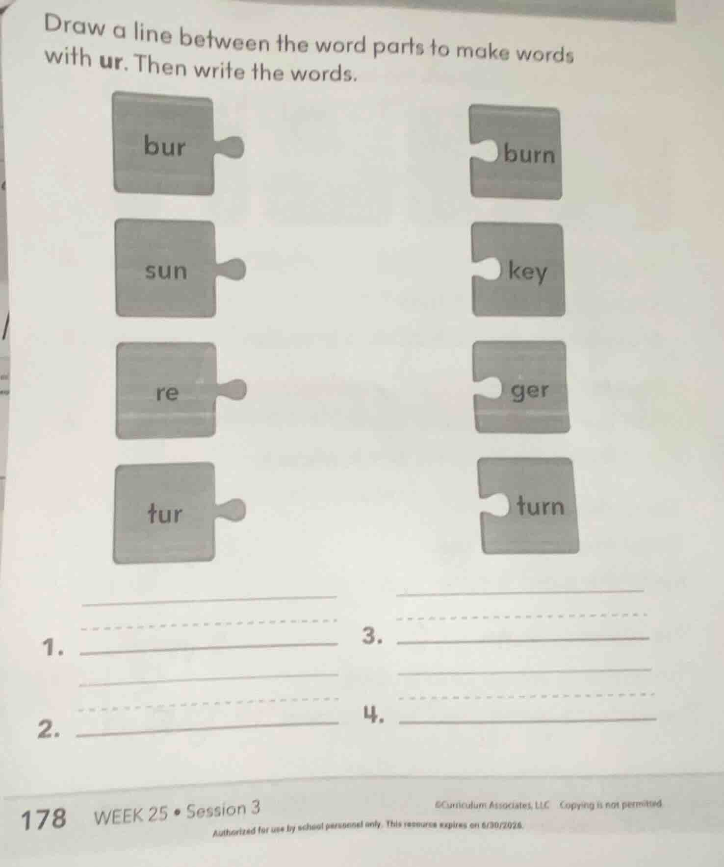 draw a line between the word parts to make words with ur. then write th…