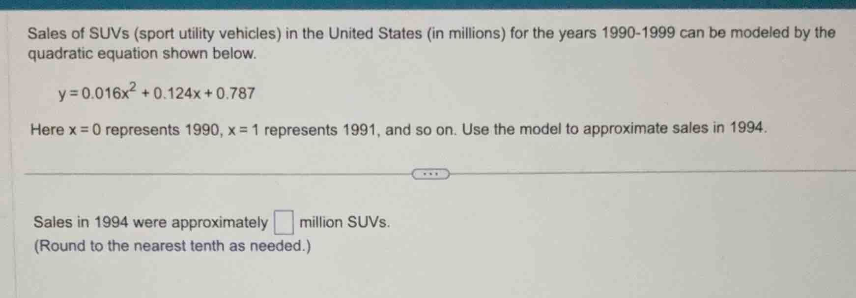 sales of suvs (sport utility vehicles) in the united states (in million…