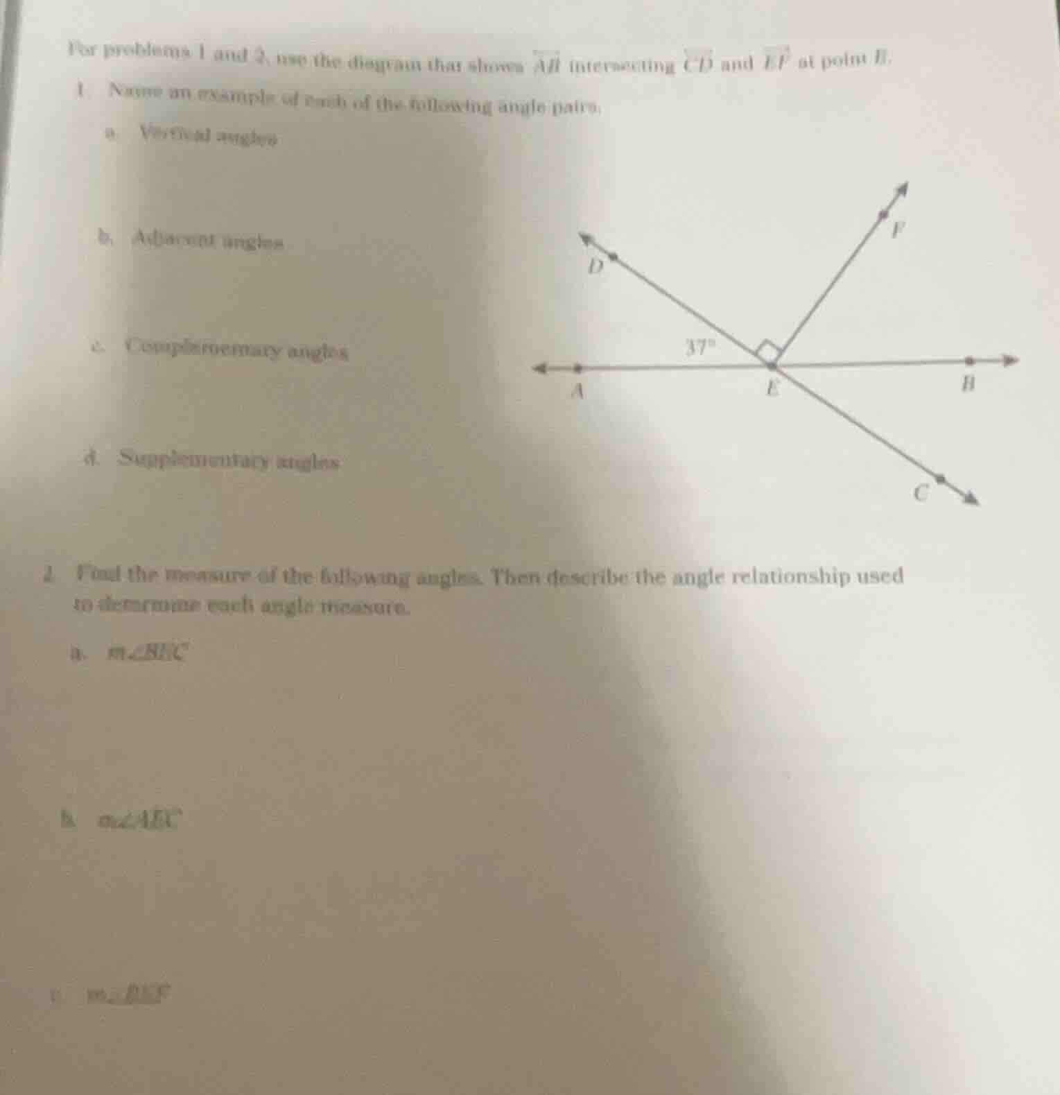 for problems 1 and 2, use the diagram that shows $overleftrightarrow{ab…