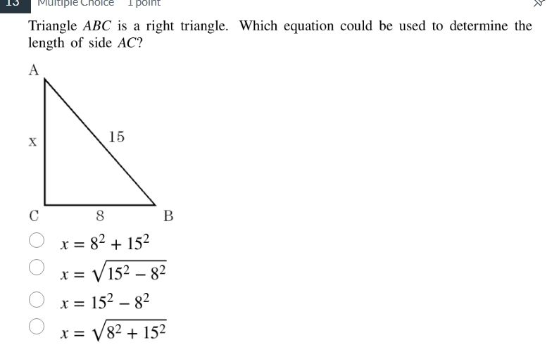 triangle abc is a right triangle. which equation could be used to deter…