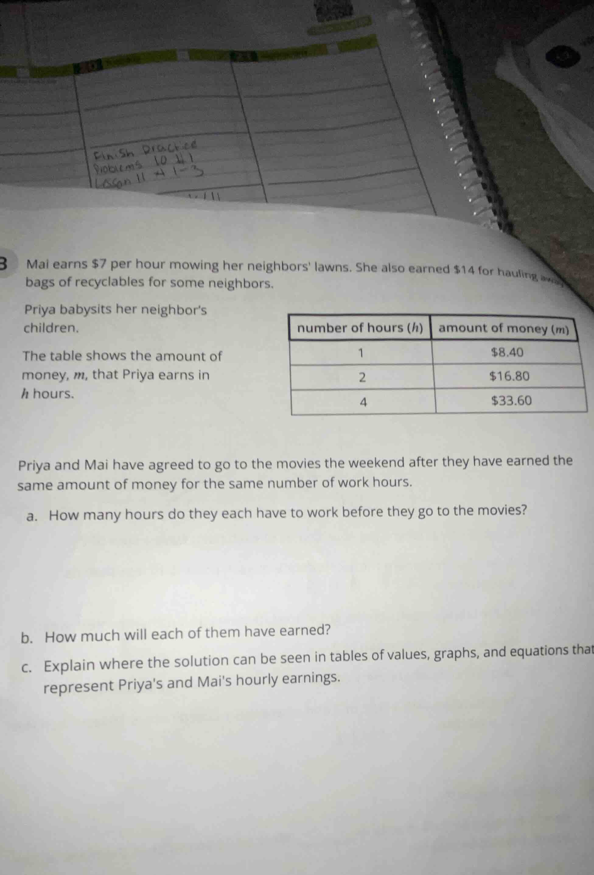 mai earns $7 per hour mowing her neighbors lawns. she also earned $14 f…