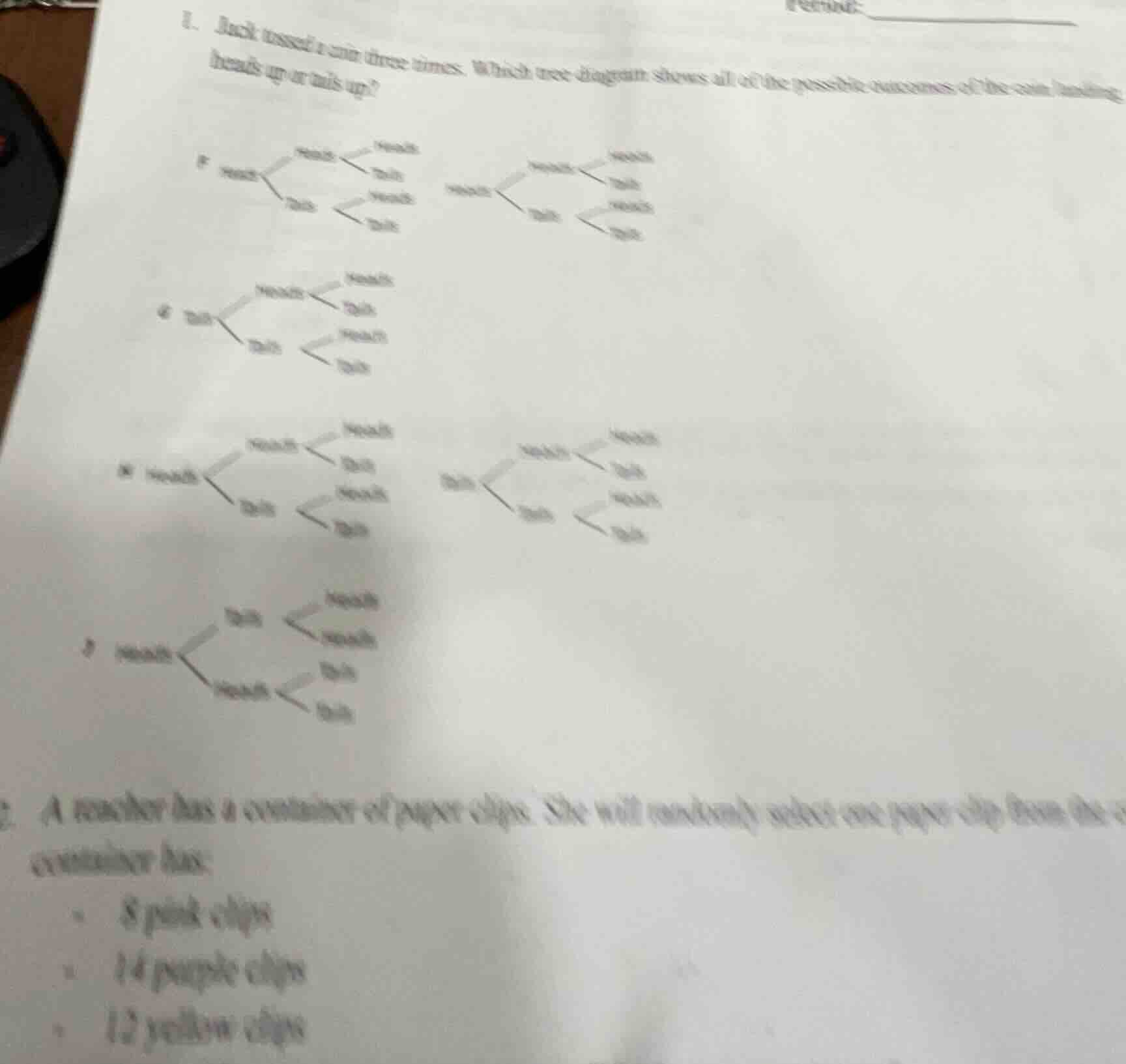 1. jack tossed a coin three times. which tree - diagram shows all of th…