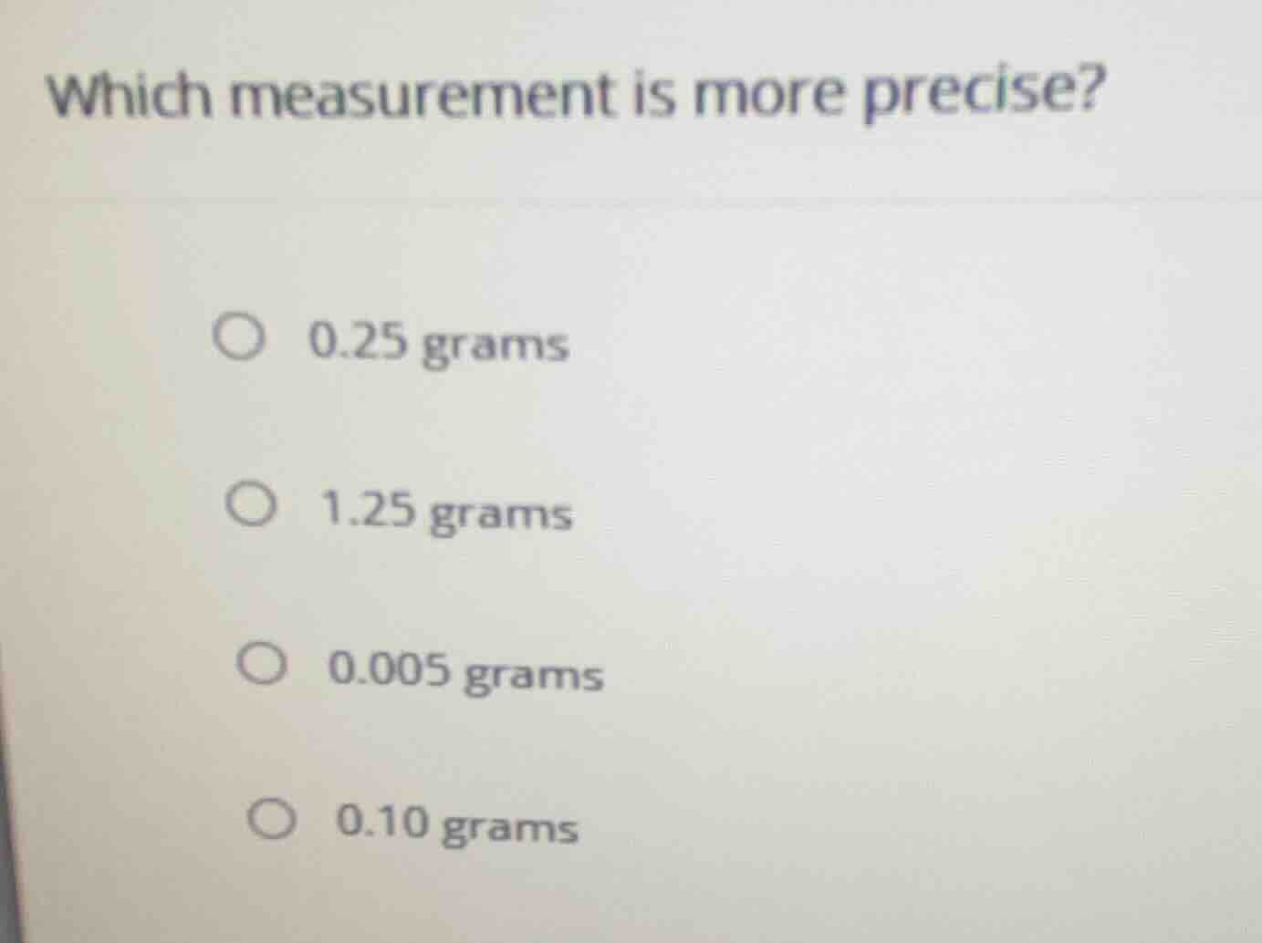which measurement is more precise? 0.25 grams 1.25 grams 0.005 grams 0.…
