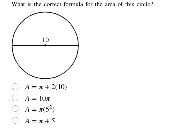 what is the correct formula for the area of this circle? 10 a = π + 2(1…