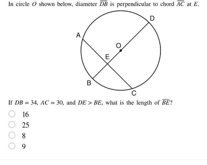 in circle o shown below, diameter \\(\\overline{db}\\) is perpendicular…