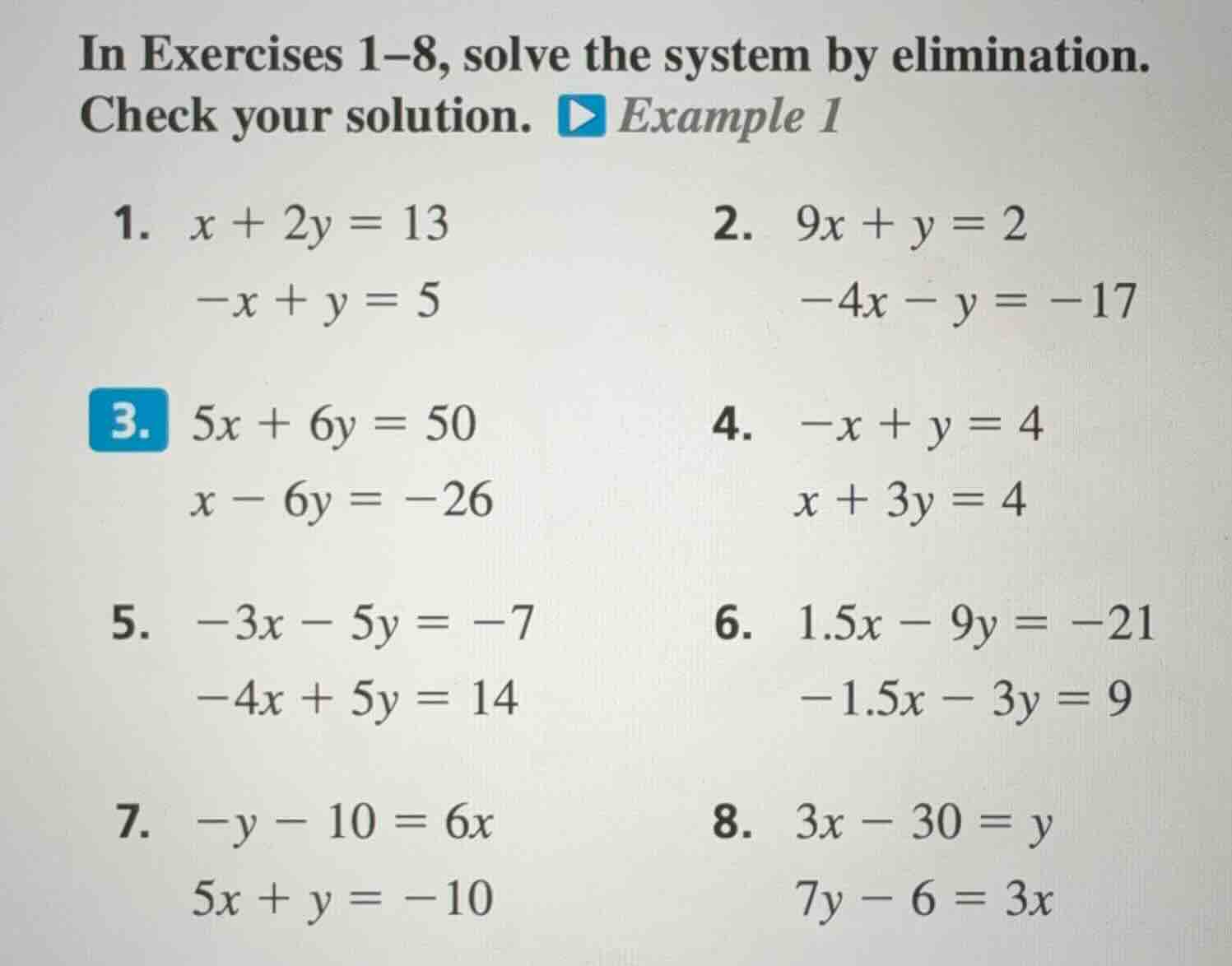in exercises 1–8, solve the system by elimination. check your solution.…