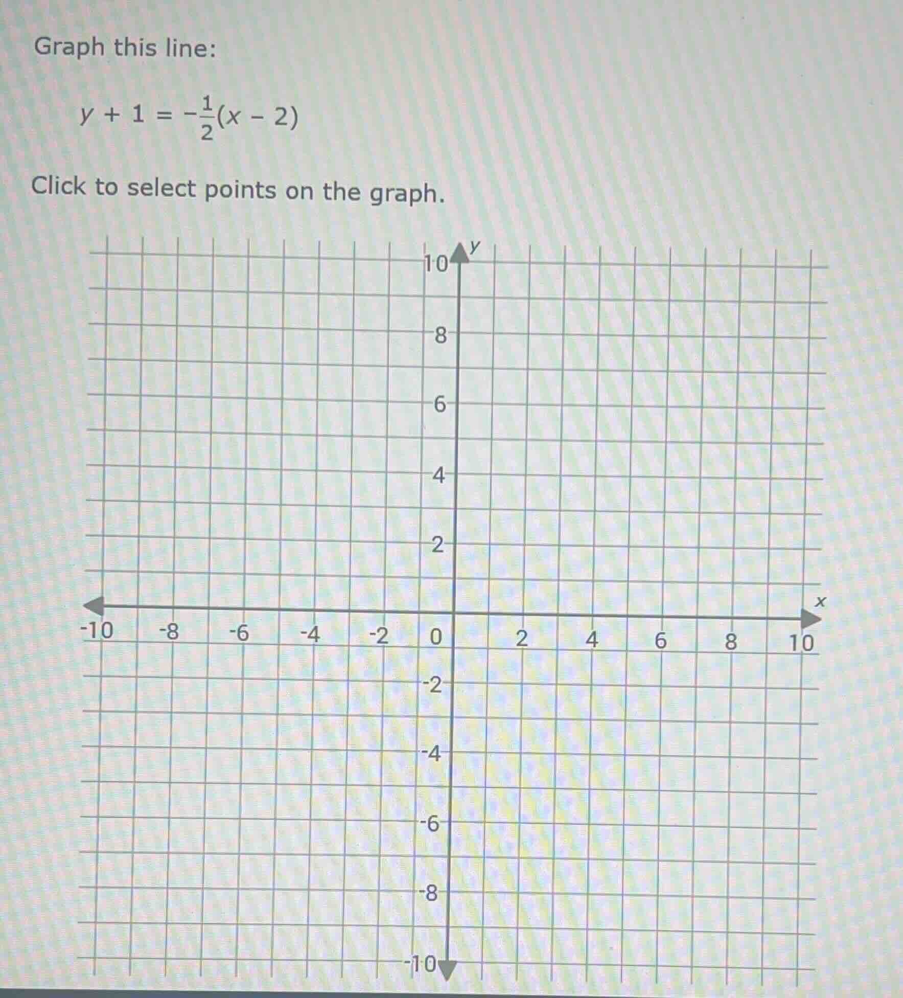 graph this line: \\( y + 1 = -\\frac{1}{2}(x - 2) \\) click to select p…